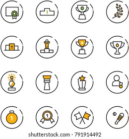 line vector icon set - certificate vector, pedestal, cup, golden branch, winner, win, gold, award, medal, flags cross, baseball bat