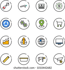 line vector icon set - champagne vector, push ups, dollar, sun, circle road sign, gear, map pin, cart, growth, arrows up, globe, monitor, ruler, basin, drill machine, wheelbarrow