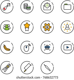 line vector icon set - champagne vector, coin, opened mail, folder, group, star medal, money managemet, man, banana, mouse wireless, fingerprint scanner, playback, bolt cutter, metal hacksaw