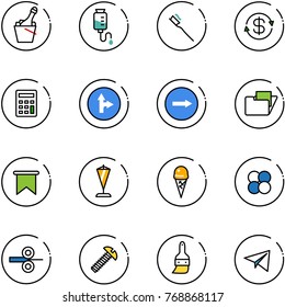 line vector icon set - champagne vector, drop counter, tooth brush, dollar exchange, calculator, only forward right road sign, folder, flag, pennant, ice cream, atom core, steel rolling, screw