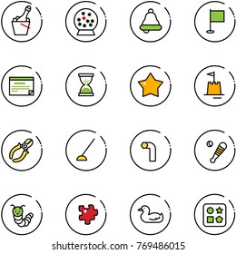 line vector icon set - champagne vector, snowball, bell, flag, schedule, sand clock, star medal, castle, side cutters, hoe, allen key, baseball bat, toy caterpillar, puzzle, duck, cube hole