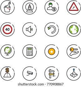 line vector icon set - champagne vector, snowball tree, account, turn right road sign, speed limit 40, low volume, undo, globe, calculator, star medal, key hand, dollar, surveillance camera, clamp
