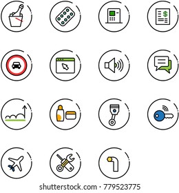 line vector icon set - champagne vector, pills blister, atm, account statement, no car road sign, cursor browser, volume max, chat, growth, uv cream, piston, wireless key, plane, wrench screwdriver