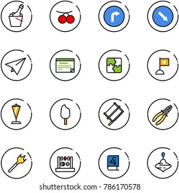 line vector icon set - champagne vector, rowanberry, only right road sign, detour, paper plane, schedule, puzzle, flag, pennant, ice cream, bucksaw, pliers, wood drill, abacus, abc book