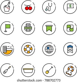 line vector icon set - champagne vector, rowanberry, stethoscope, dollar flag, printer, puzzle, hotel, lifebuoy, globe, chevron, chisel, basin, shovel, teethers