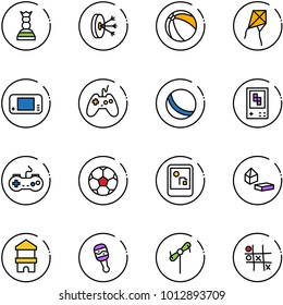 line vector icon set - chess queen vector, solution, ball, kite, game console, joystick, gamepad, soccer, constructor blocks, toy block house, beanbag, windmill, Tic tac toe