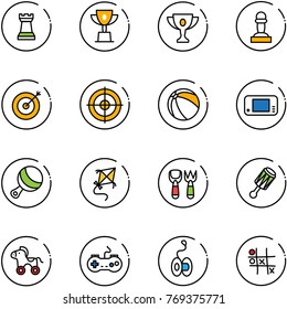 line vector icon set - chess tower vector, win cup, gold, pawn, target, ball, game console, beanbag, kite, shovel fork toy, wheel horse, gamepad, yoyo, Tic tac toe