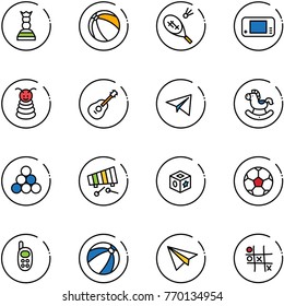 line vector icon set - chess queen vector, ball, badminton, game console, pyramid toy, guitar, paper plane, rocking horse, billiards balls, xylophone, cube, soccer, phone, beach, Tic tac toe