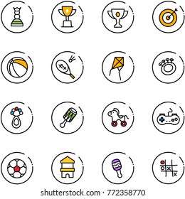 line vector icon set - chess queen vector, win cup, gold, target, ball, badminton, kite, beanbag, wheel horse, gamepad, soccer, toy block house, Tic tac toe