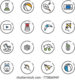 line vector icon set - chess queen vector, ball, badminton, game console, playback, pyramid toy, boomerang, kite, rocking horse, cube, elephant wheel, phone, rabbit, unicorn stick, paper plane