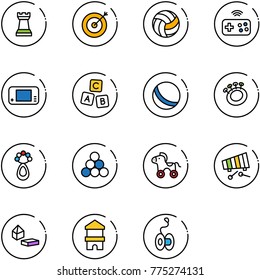 line vector icon set - chess tower vector, target, volleyball, joystick wireless, game console, abc cube, ball, beanbag, billiards balls, wheel horse, xylophone, constructor blocks, toy block house