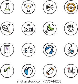 line vector icon set - chess queen vector, gold cup, solution, target, badminton, joystick wireless, beanbag, game console, gamepad, beach ball, yoyo, toy windmill, basketball, football, Tic tac toe