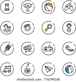 line vector icon set - chess tower vector, gold cup, ball, joystick, rocking horse, beanbag, xylophone, gamepad, constructor blocks, toy train, yoyo, paper plane, basketball