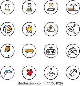 line vector icon set - chess tower vector, queen, mat, inflatable pool, volleyball, fire, tent, badminton, kite, skateboard, joystick wireless, boomerang, puzzle, wirligig toy, football