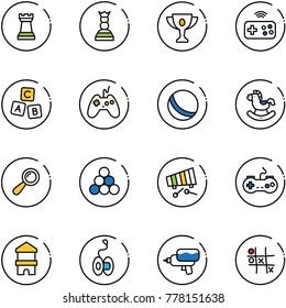 line vector icon set - chess tower vector, queen, gold cup, joystick wireless, abc cube, ball, rocking horse, beanbag, billiards balls, xylophone, gamepad, toy block house, yoyo, water gun