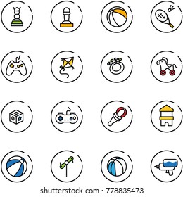 line vector icon set - chess queen vector, pawn, ball, badminton, joystick, kite, beanbag, wheel horse, cube toy, gamepad, block house, beach, windmill, basketball, water gun