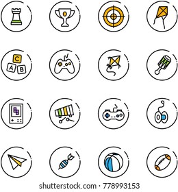 line vector icon set - chess tower vector, gold cup, target, kite, abc cube, joystick, beanbag, game console, xylophone, gamepad, yoyo, paper plane, dart, basketball, football