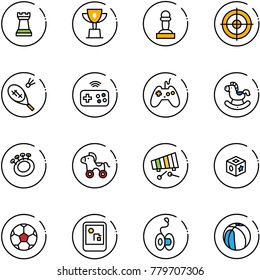 line vector icon set - chess tower vector, win cup, pawn, target, badminton, joystick wireless, rocking horse, beanbag, wheel, xylophone, cube toy, soccer ball, game console, yoyo, basketball