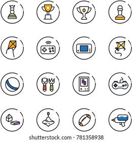 line vector icon set - chess queen vector, win cup, gold, pawn, kite, joystick wireless, game console, ball, shovel fork toy, gamepad, constructor blocks, wirligig, football, water gun