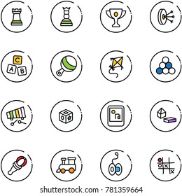 line vector icon set - chess tower vector, queen, gold cup, solution, abc cube, beanbag, kite, billiards balls, xylophone, toy, game console, constructor blocks, train, yoyo, Tic tac toe