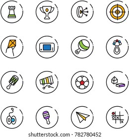 line vector icon set - chess tower vector, gold cup, solution, target, kite, game console, beanbag, xylophone, soccer ball, constructor blocks, yoyo, paper plane, Tic tac toe
