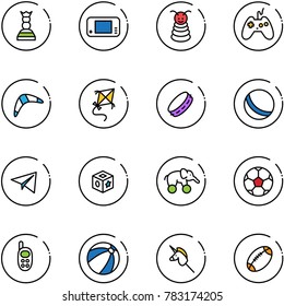 line vector icon set - chess queen vector, game console, pyramid toy, joystick, boomerang, kite, tambourine, ball, paper plane, cube, elephant wheel, soccer, phone, beach, unicorn stick, football