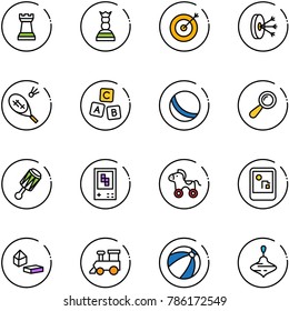 line vector icon set - chess tower vector, queen, target, solution, badminton, abc cube, ball, beanbag, game console, wheel horse, constructor blocks, toy train, beach, wirligig