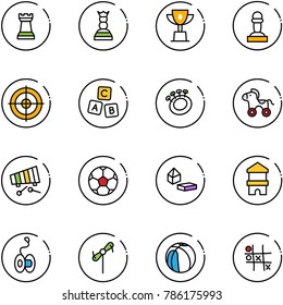 line vector icon set - chess tower vector, queen, win cup, pawn, target, abc cube, beanbag, wheel horse, xylophone, soccer ball, constructor blocks, toy block house, yoyo, windmill, basketball