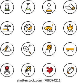 line vector icon set - chess tower vector, queen, pawn, mat, inflatable pool, volleyball, diving, fire, tent, badminton, kite, skateboard, pyramid toy, puzzle, football