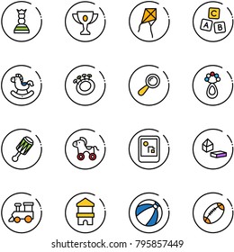 line vector icon set - chess queen vector, gold cup, kite, abc cube, rocking horse, beanbag, wheel, game console, constructor blocks, toy train, block house, beach ball, football