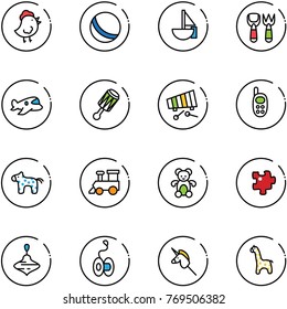 line vector icon set - chicken toy vector, ball, sailboat, shovel fork, plane, beanbag, xylophone, phone, horse, train, bear, puzzle, wirligig, yoyo, unicorn stick, giraffe