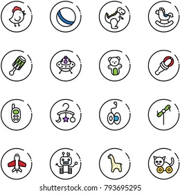 line vector icon set - chicken toy vector, ball, dinosaur, rocking horse, beanbag, ufo, bear, phone, baby carousel, yoyo, windmill, plane, robot, giraffe, cat