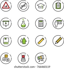 line vector icon set - children vector road sign, end overtake limit, graduate hat, clipboard, presentation board, round flask, calculator, book, arrow up, ruler, pencil, abc cube, pyramid toy