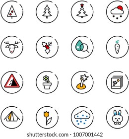line vector icon set - christmas tree vector, snowfall, deer, holly, blood test, carrot, landslide road sign, flower pot, palm, photo, tent, tulip, snow, toy rabbit