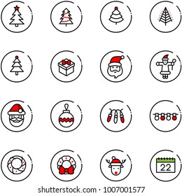 line vector icon set - christmas tree vector, gift, santa claus, ball, garland, wreath, deer hat, calendar