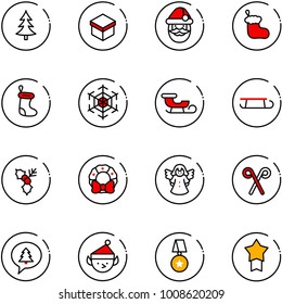 line vector icon set - christmas tree vector, gift, santa claus, sock, snowflake, sleigh, holly, wreath, angel, stick, merry message, elf, star medal