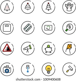line vector icon set - christmas tree vector, angel, floor scales, pills blister, card exchange, money search, landslide road sign, telescope, piggy bank, kite, camera, laser, bulb, paint roller