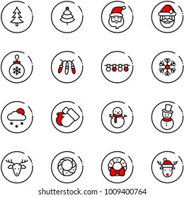 line vector icon set - christmas tree vector, santa claus, ball, garland, snowflake, snowfall, gloves, snowman, deer, wreath, hat