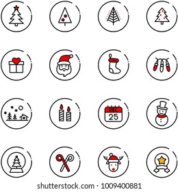 line vector icon set - christmas tree vector, gift, santa claus, sock, garland, landscape, candle, 25 dec calendar, snowman, snowball, stick, deer hat, star medal