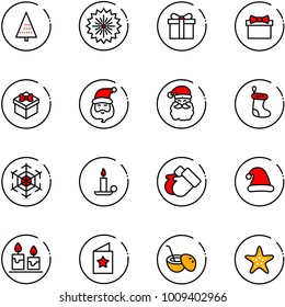 line vector icon set - christmas tree vector, firework, gift, santa claus, sock, snowflake, candle, gloves, hat, star postcard, coconut cocktail, starfish