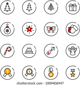 line vector icon set - christmas tree vector, gift, ball, star, bow, gloves, lollipop, cake, champagne, angel, gold medal