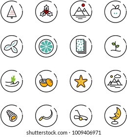 line vector icon set - christmas tree vector, holly, mountains, apple, three leafs, lemon slice, breads, sproute, hand, coconut cocktail, starfish, shell, sickle, lawn mower, moon lamp