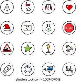 line vector icon set - christmas tree vector, sock, garland, heart, hat, card exchange, money bag, stop road sign, steep roadside, star, pennant, flower, usb wi fi, standby button, water gun