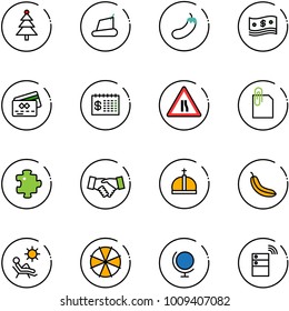 line vector icon set - christmas tree vector, treadmill, eggplant, cash, credit card, finance calendar, Road narrows sign, attachment, puzzle, agreement, crown, banana, beach, parasol, globe