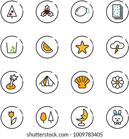 line vector icon set - christmas tree vector, holly, lemon, breads, garbage, watermelone, starfish, storm, palm, tent, shell, flower, tulip, forest, moon lamp, toy rabbit