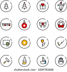 line vector icon set - christmas tree vector, gift, santa claus, garland, ball, bow, wreath, certificate, star medal, tulip, scythe, paint roller, brush, sailboat toy, russian doll