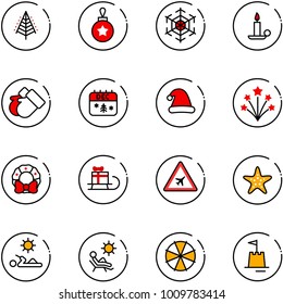 line vector icon set - christmas tree vector, ball, snowflake, candle, gloves, calendar, hat, firework, wreath, sleigh gift, airport road sign, starfish, reading, beach, parasol, sand castle