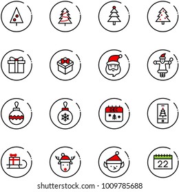 line vector icon set - christmas tree vector, gift, santa claus, ball, calendar, mobile, sleigh, deer hat, elf