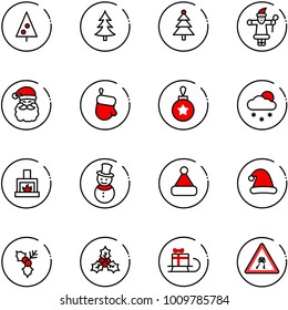 line vector icon set - christmas tree vector, santa claus, glove, ball, snowfall, fireplace, snowman, hat, holly, sleigh gift, slippery road sign