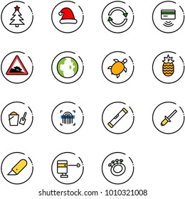 line vector icon set - christmas tree vector, hat, exchange, tap pay, steep descent road sign, globe, sea turtle, pineapple, bucket scoop, fingerprint scanner, level, clinch, work knife, laser lever